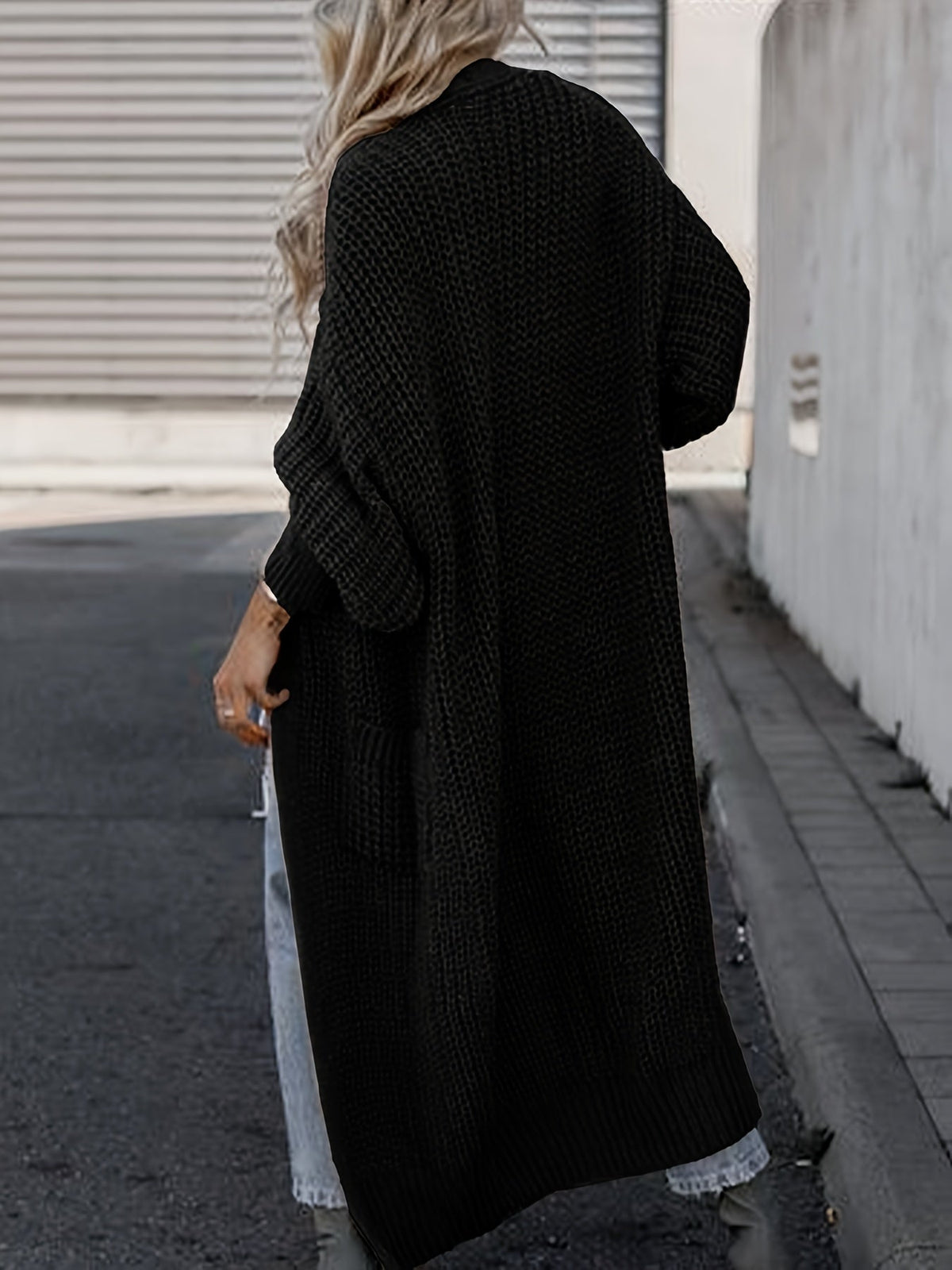 Women's Wool Knit Longline Cardigan Open-Front Chunky Patch-Pocket Maxi