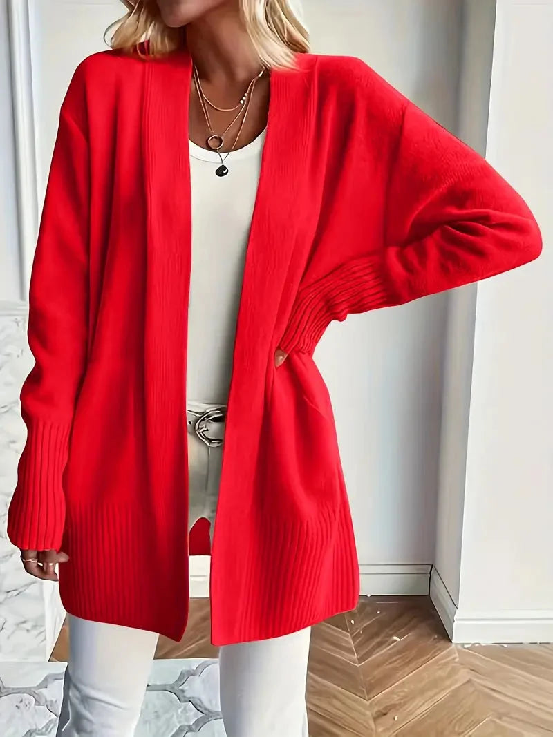 Women's Open-Front Knit Cardigan Ribbed-Trim Longline Drop-Shoulder Pockets Relaxed