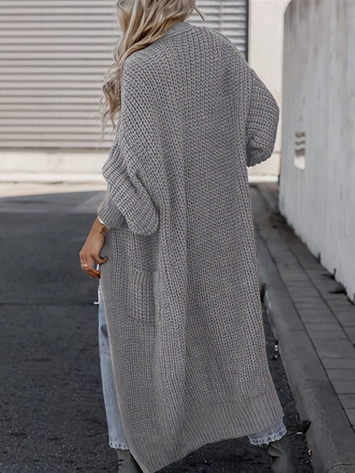 Women's Wool Knit Longline Cardigan Open-Front Chunky Patch-Pocket Maxi