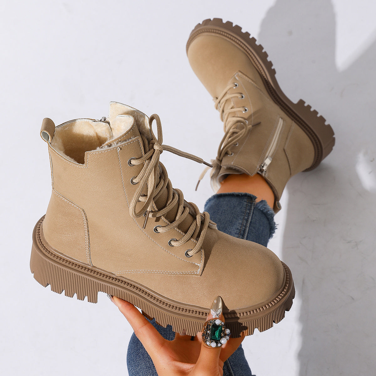 Women's Platform Combat Boots Lace-Up Side-Zip Lug-Sole Fleece-Lined Ankle