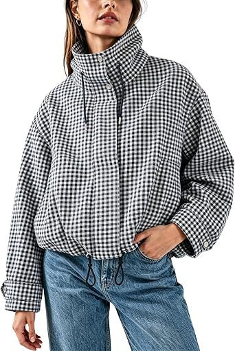 Women's Gingham Check Cropped Jacket Padded Stand Collar Zip-Up Oversized Warm