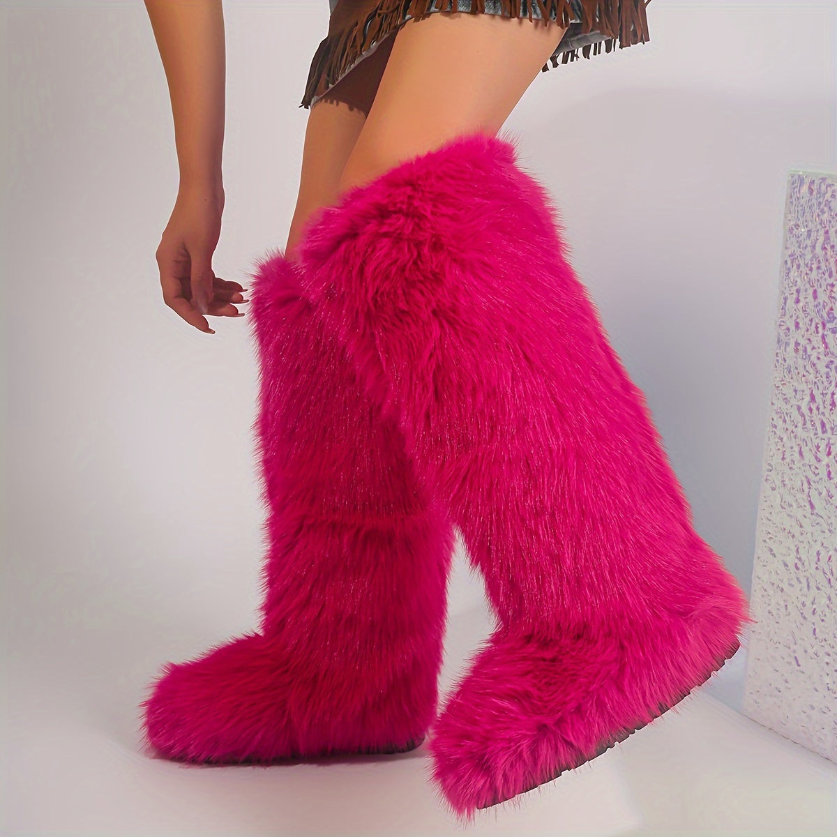 Women's Faux Fur Boots Knee-High Fluffy Tall Winter Warm Plush Slip-On