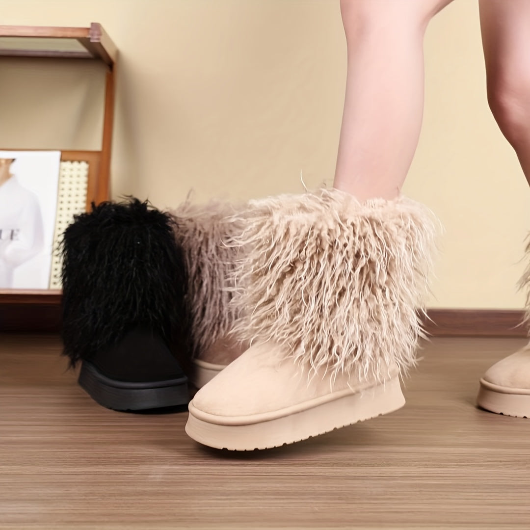 Women's Shaggy Faux Fur Boots Mid-Calf Platform Winter Warm Plush Slip-On