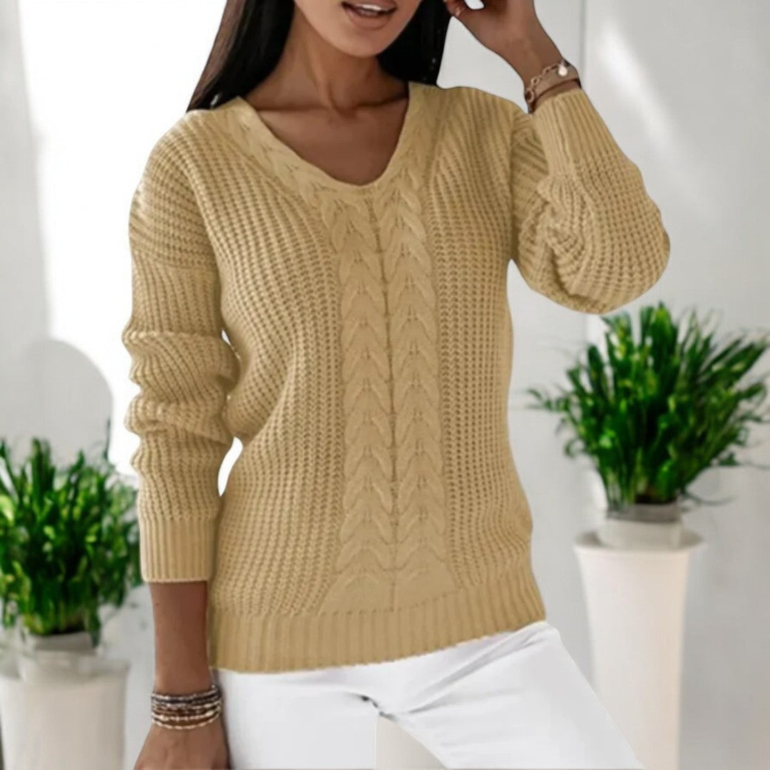 Women's Cable Knit Sweater V-Neck Waffle Textured Relaxed Long-Sleeve Pullover