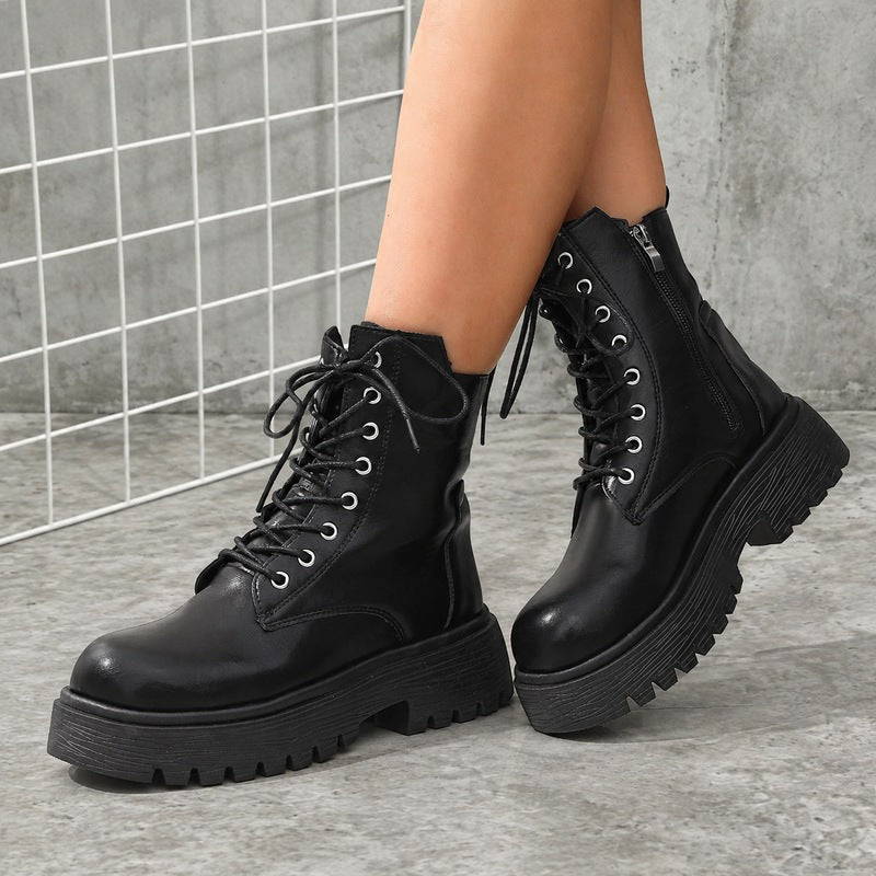 Women's Faux Leather Combat Boots Lace-Up Side-Zip Platform Lug-Sole Black