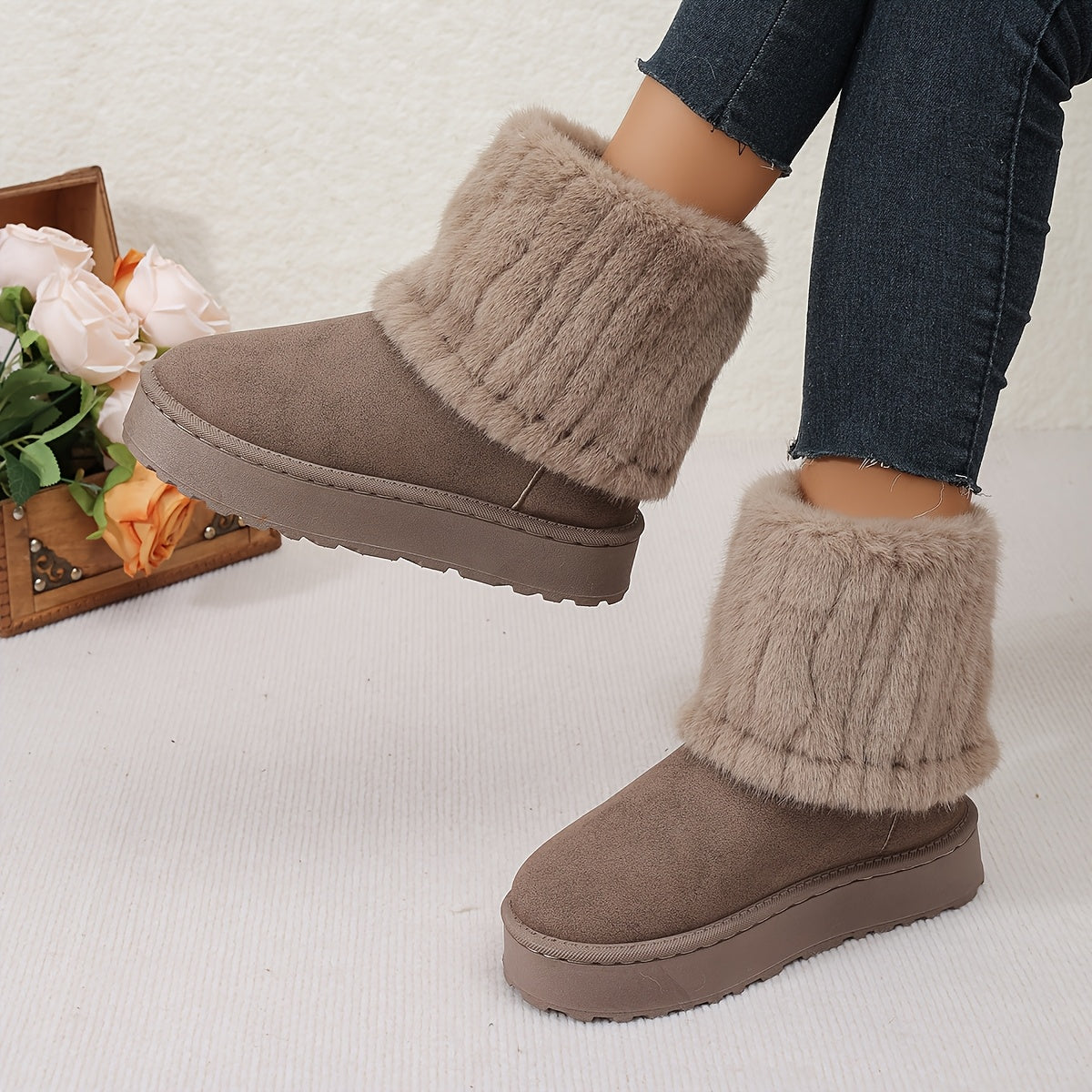 Women's Plush Cuff Snow Boots Platform Fold-Over Suede Winter Warm Slip-On