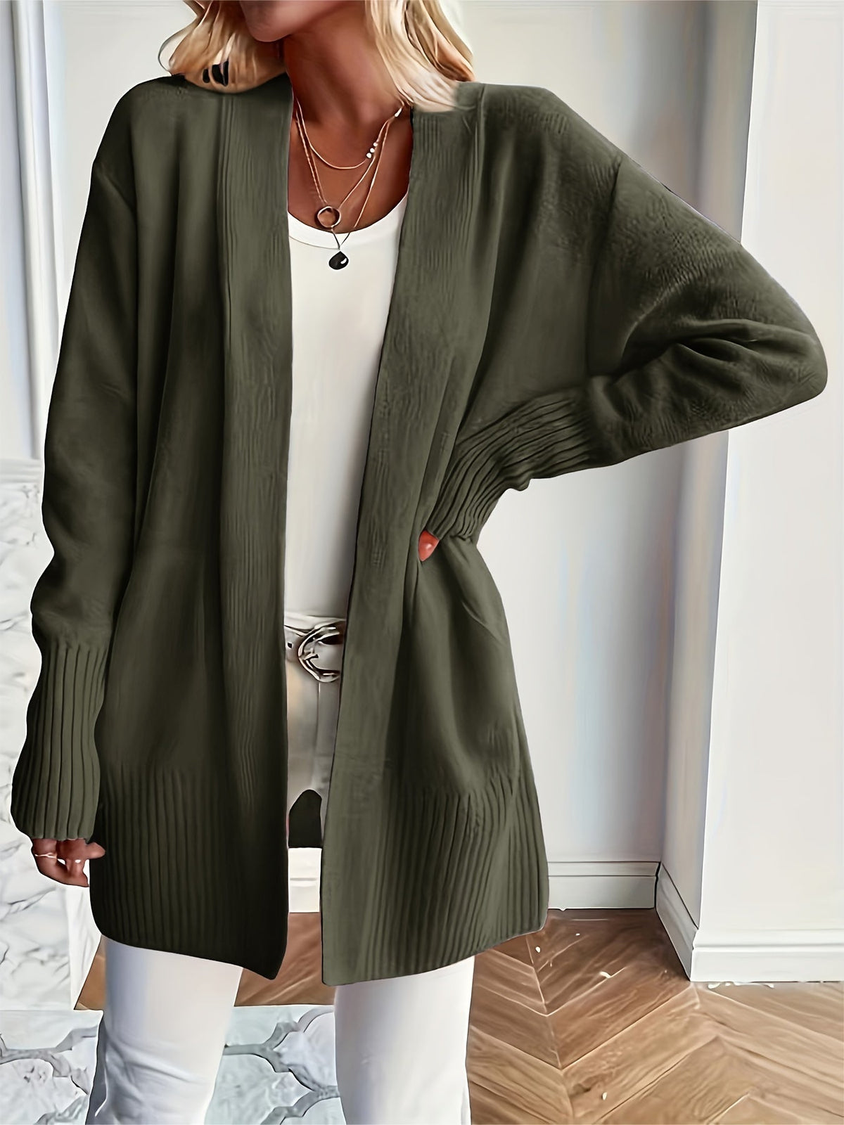 Women's Open-Front Knit Cardigan Ribbed-Trim Longline Drop-Shoulder Pockets Relaxed