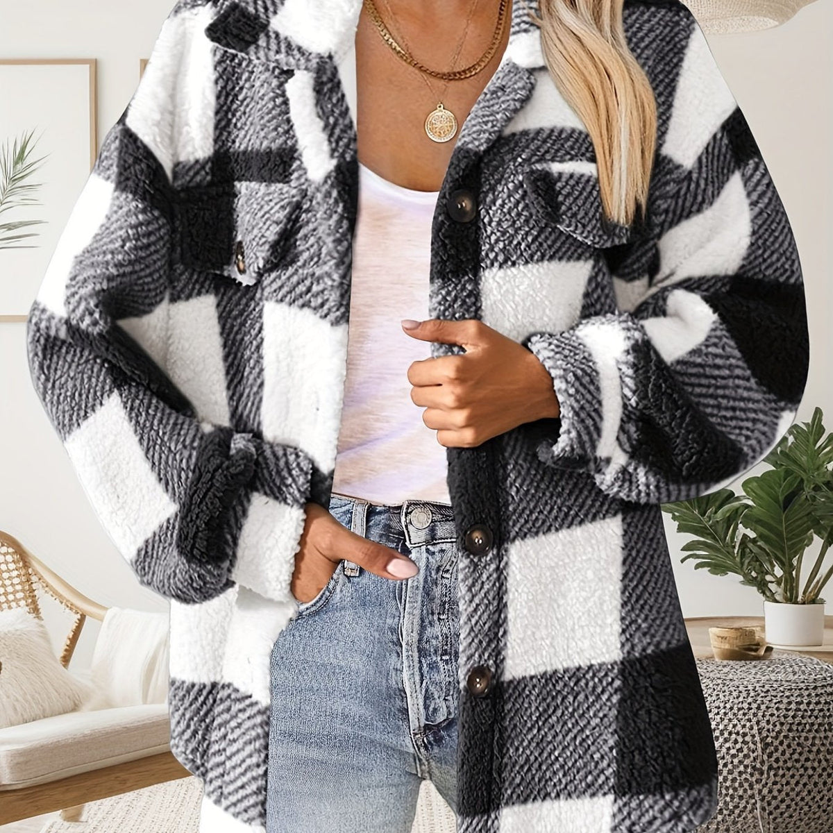 Women's Plaid Plush Shacket Button-Front Collared Teddy Fleece Relaxed Warm