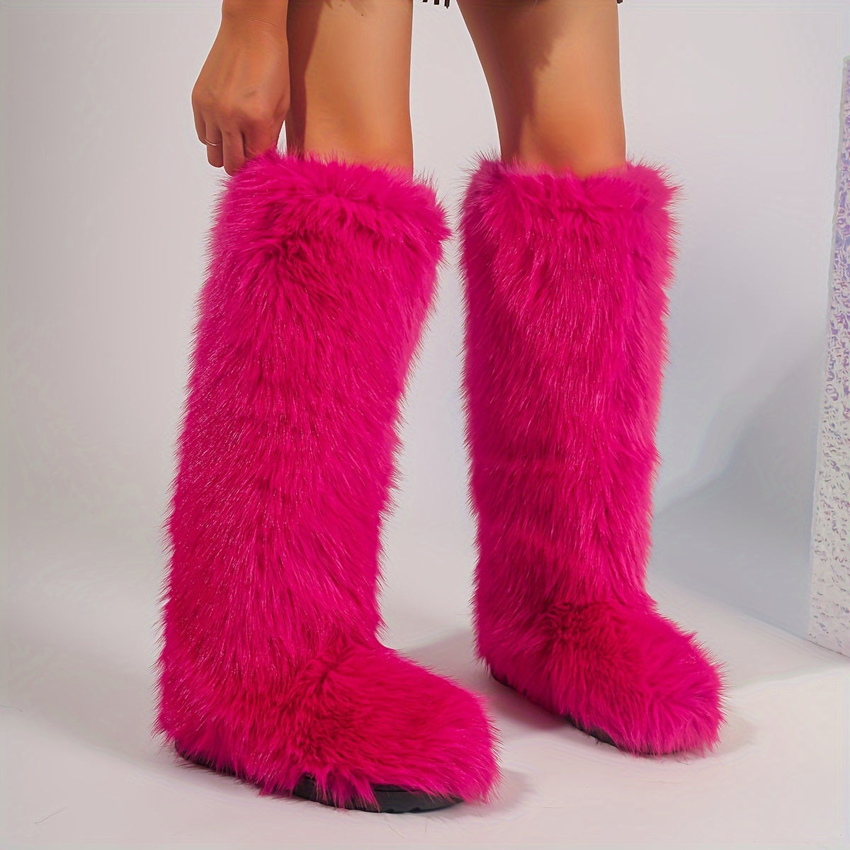 Women's Faux Fur Boots Knee-High Fluffy Tall Winter Warm Plush Slip-On