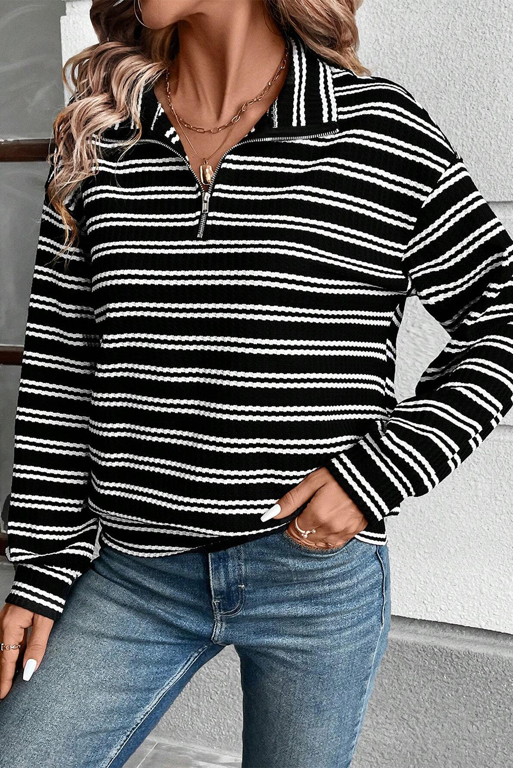 Women's Striped Quarter-Zip Top Collared Textured Drop-Shoulder Relaxed Long-Sleeve