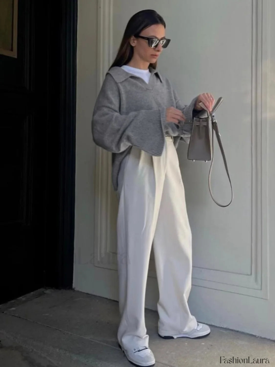 Women's Grey Polo Collar Knit Sweater Oversized Drop-Shoulder Minimalist