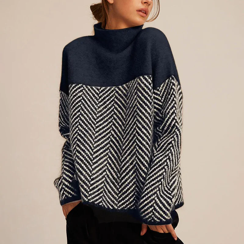 Women's Herringbone Turtleneck Sweater Colorblock Chunky Oversized Funnel-Neck