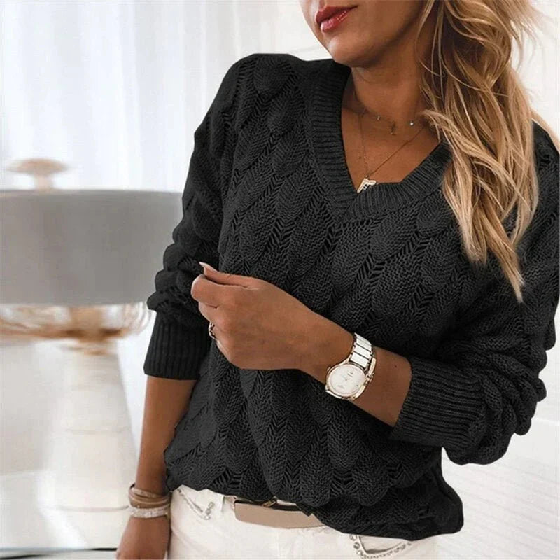 Women's Pointelle Knit Sweater V-Neck Feather Textured Scalloped Relaxed
