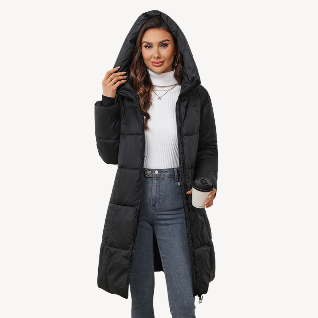 Women's Hooded Puffer Coat Box-Quilted Full-Zip Longline Fitted Warm