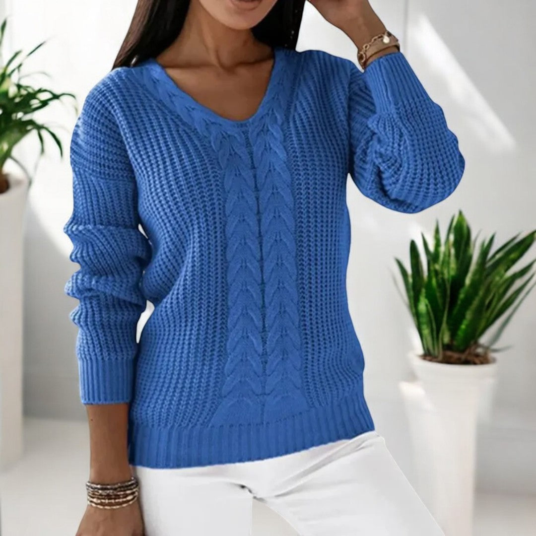Women's Cable Knit Sweater V-Neck Waffle Textured Relaxed Long-Sleeve Pullover