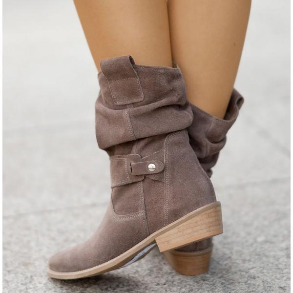 Women's Suede Slouchy Mid-Calf Boots Side-Zip Block-Heel Round-Toe