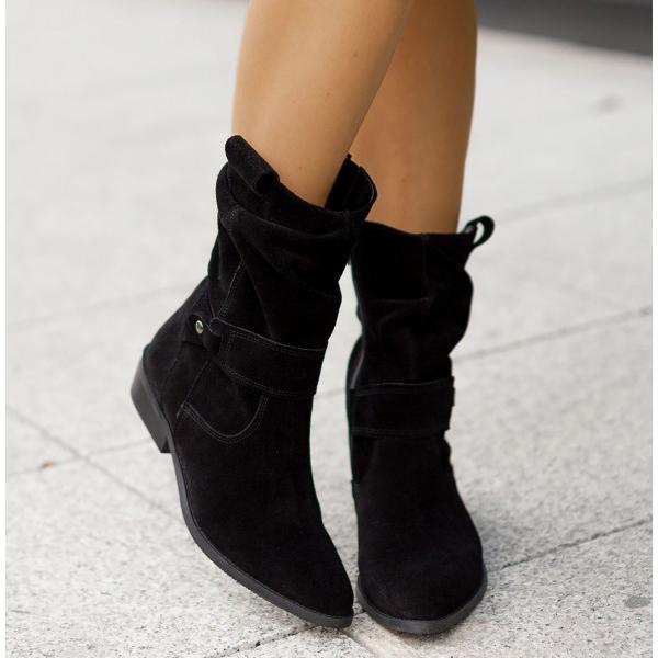 Women's Suede Slouchy Mid-Calf Boots Side-Zip Block-Heel Round-Toe