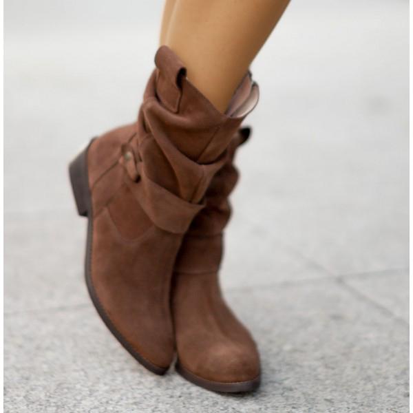 Women's Suede Slouchy Mid-Calf Boots Side-Zip Block-Heel Round-Toe