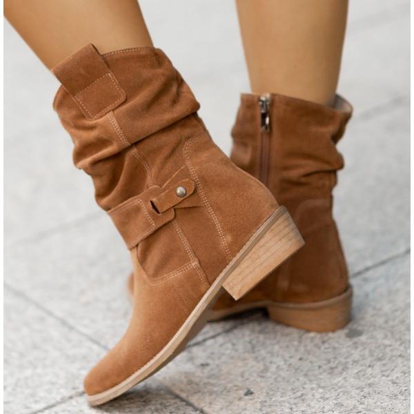 Women's Suede Slouchy Mid-Calf Boots Side-Zip Block-Heel Round-Toe
