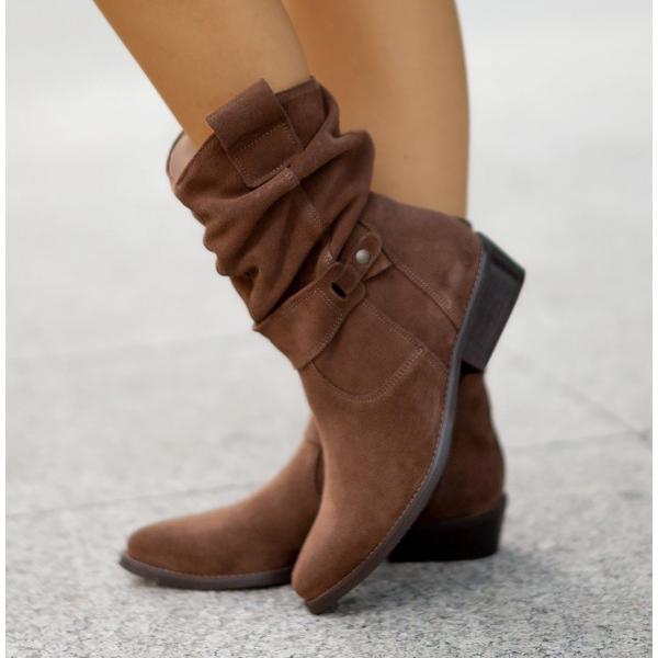 Women's Suede Slouchy Mid-Calf Boots Side-Zip Block-Heel Round-Toe