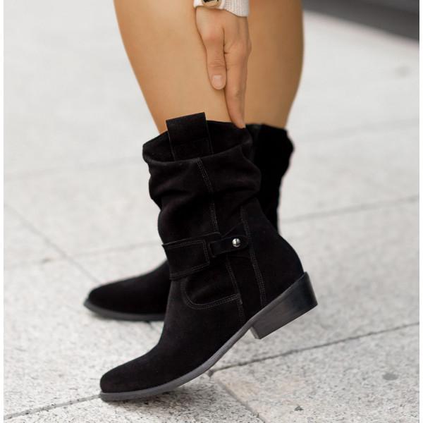 Women's Suede Slouchy Mid-Calf Boots Side-Zip Block-Heel Round-Toe