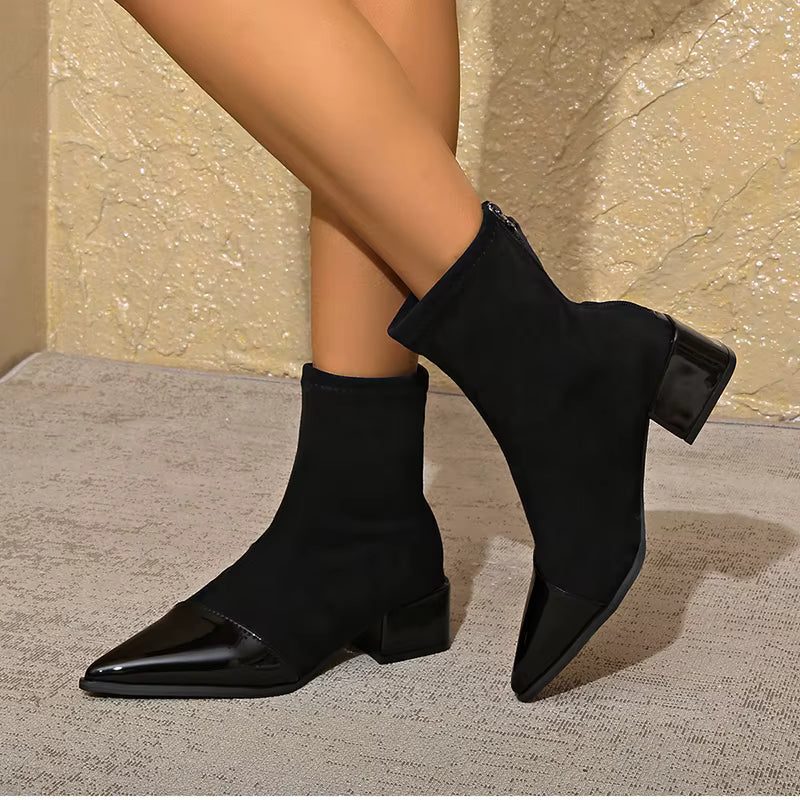 Women's Suede Patent Ankle Boots Pointed-Toe Block-Heel Cap-Toe