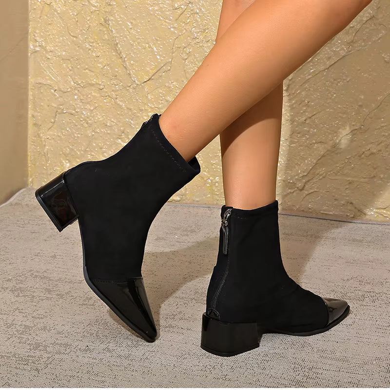 Women's Suede Patent Ankle Boots Pointed-Toe Block-Heel Cap-Toe