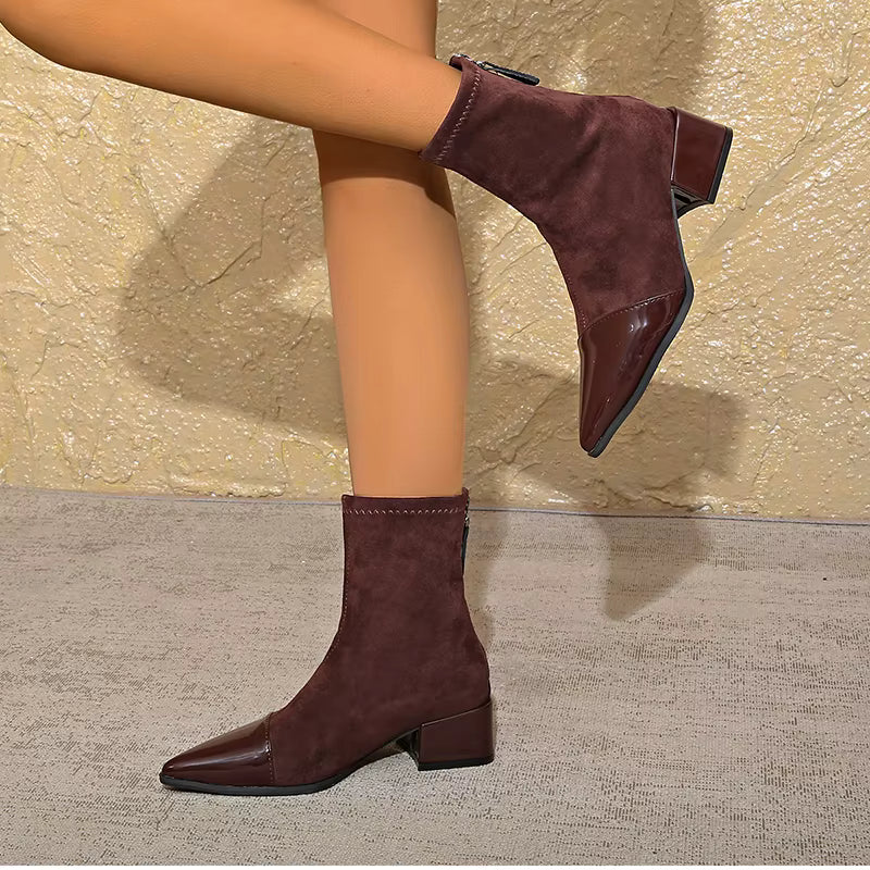 Women's Suede Patent Ankle Boots Pointed-Toe Block-Heel Cap-Toe