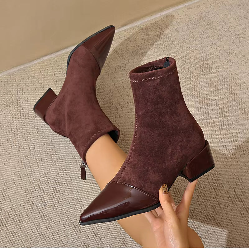 Women's Suede Patent Ankle Boots Pointed-Toe Block-Heel Cap-Toe
