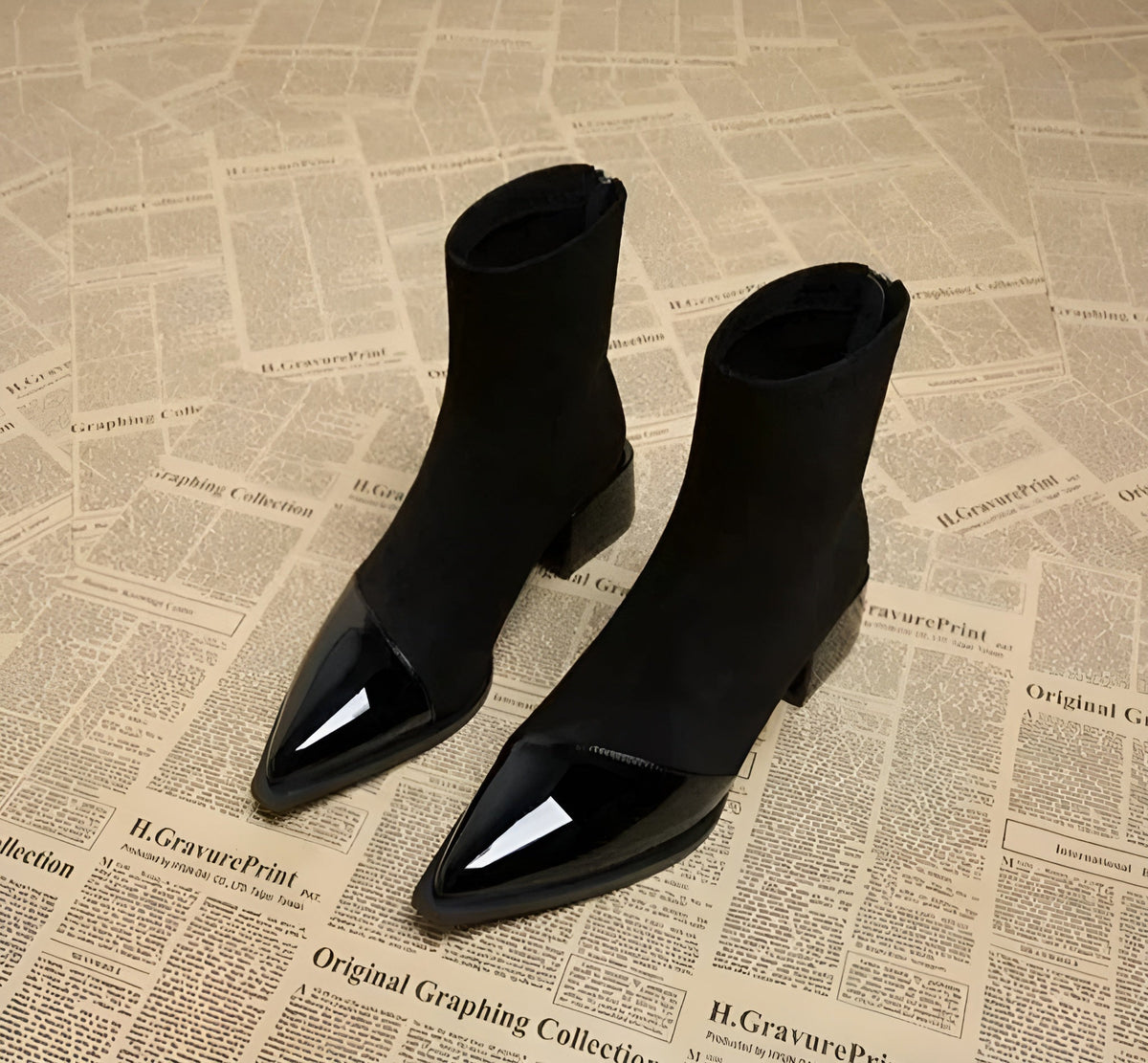 Women's Suede Patent Ankle Boots Pointed-Toe Block-Heel Cap-Toe
