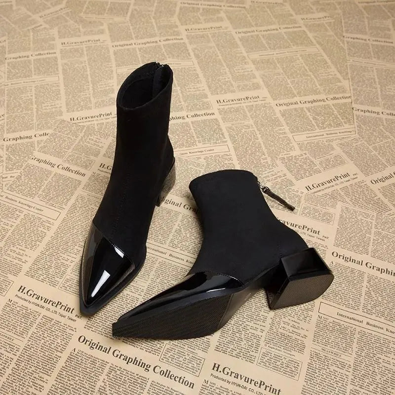 Women's Suede Patent Ankle Boots Pointed-Toe Block-Heel Cap-Toe