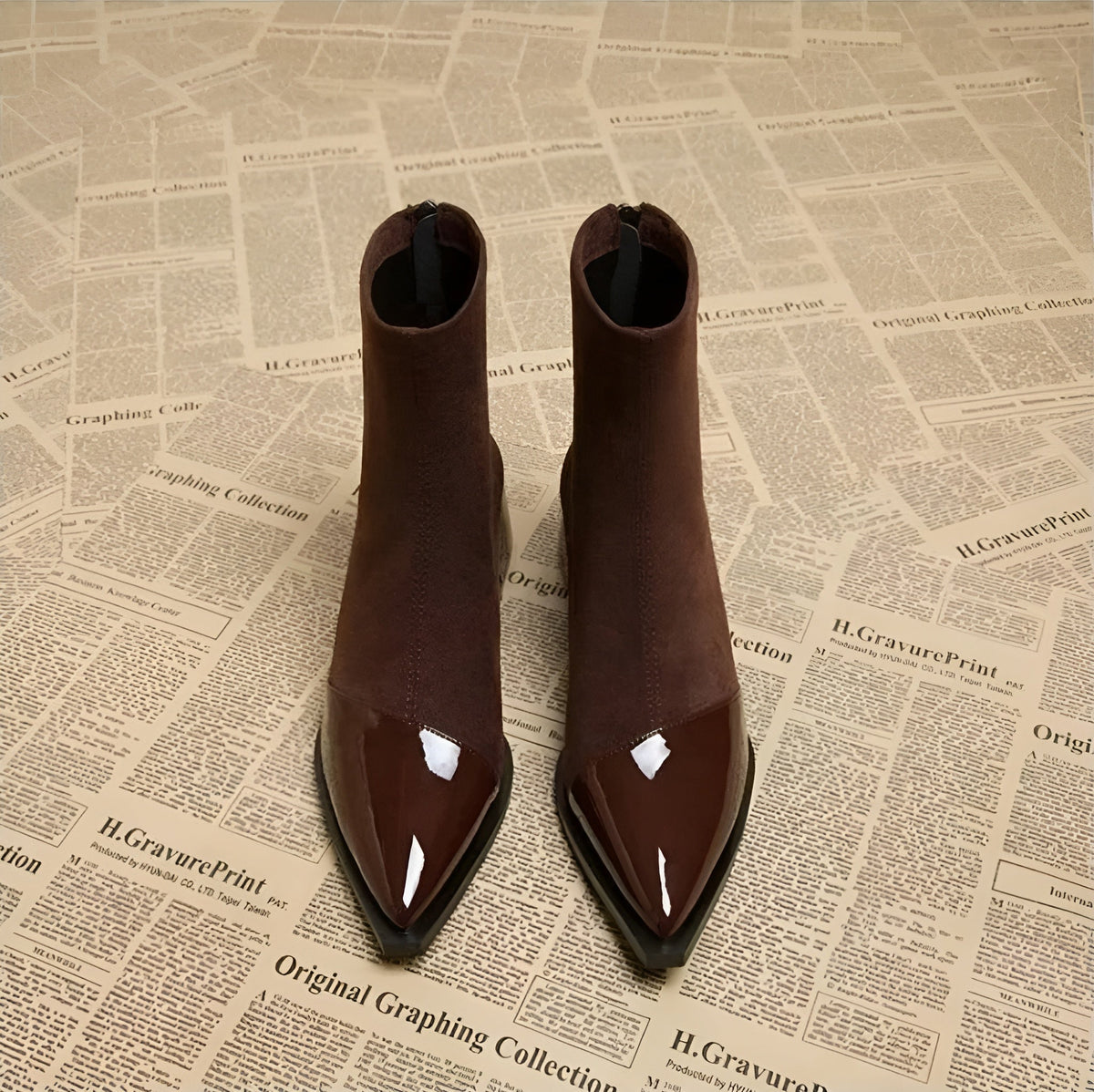 Women's Suede Patent Ankle Boots Pointed-Toe Block-Heel Cap-Toe