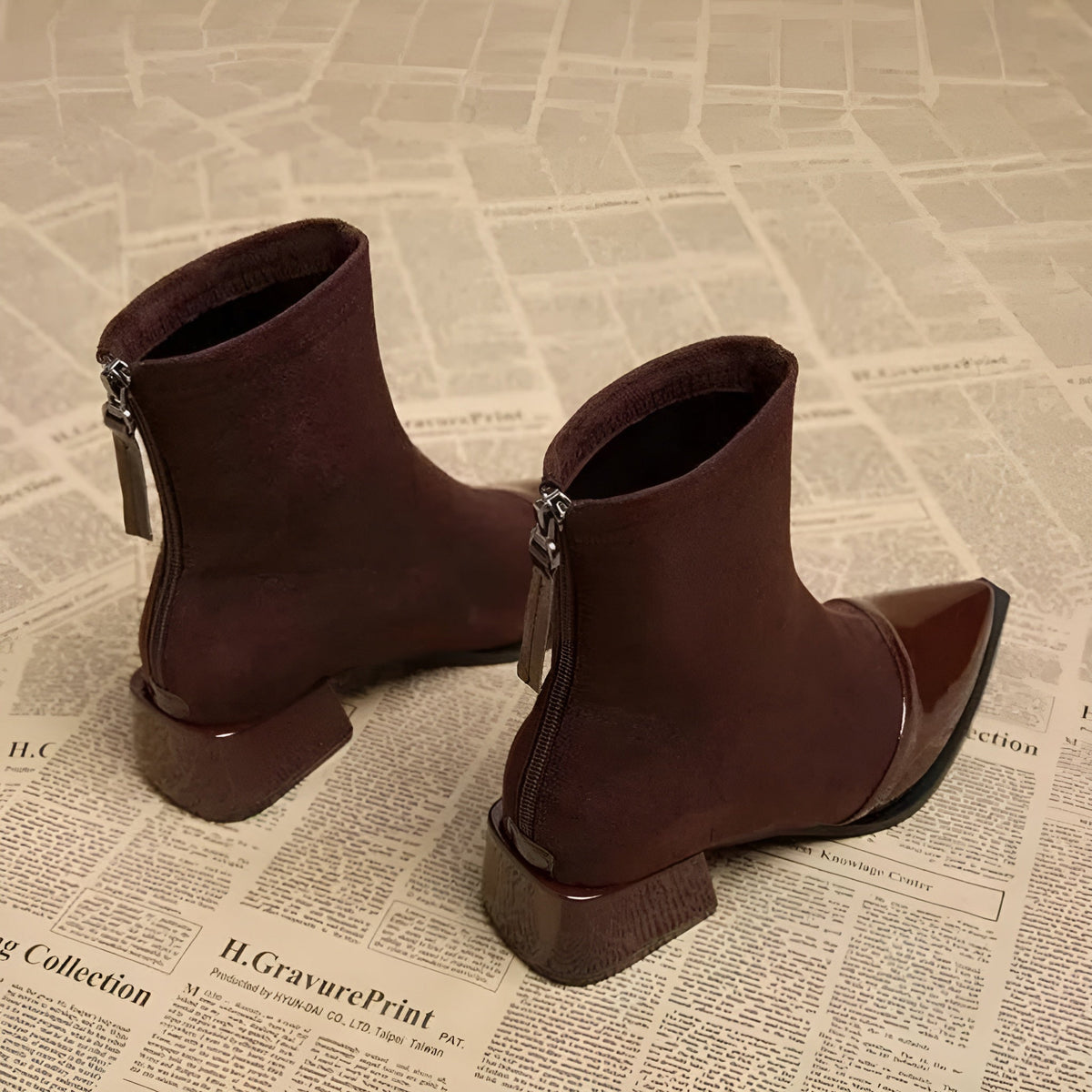 Women's Suede Patent Ankle Boots Pointed-Toe Block-Heel Cap-Toe