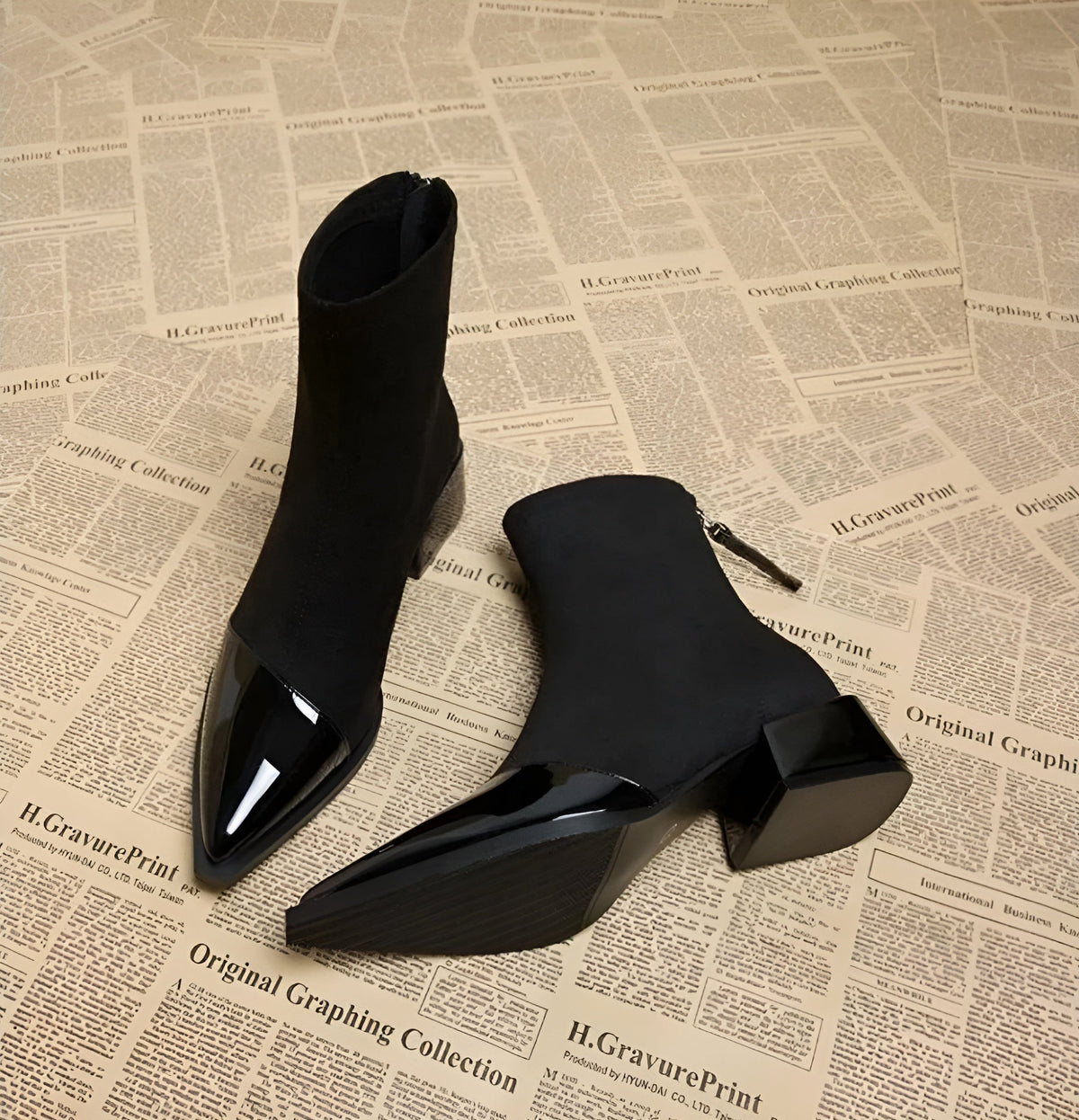 Women's Suede Patent Ankle Boots Pointed-Toe Block-Heel Cap-Toe