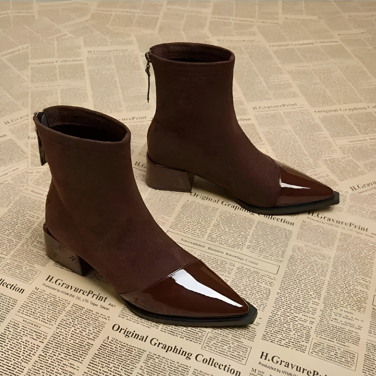 Women's Suede Patent Ankle Boots Pointed-Toe Block-Heel Cap-Toe