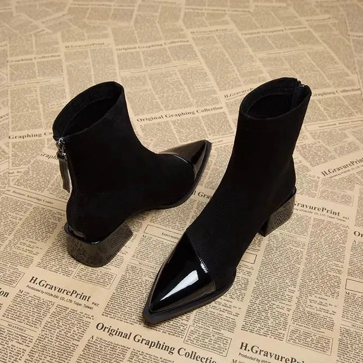 Women's Suede Patent Ankle Boots Pointed-Toe Block-Heel Cap-Toe
