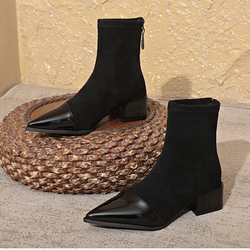 Women's Suede Patent Ankle Boots Pointed-Toe Block-Heel Cap-Toe