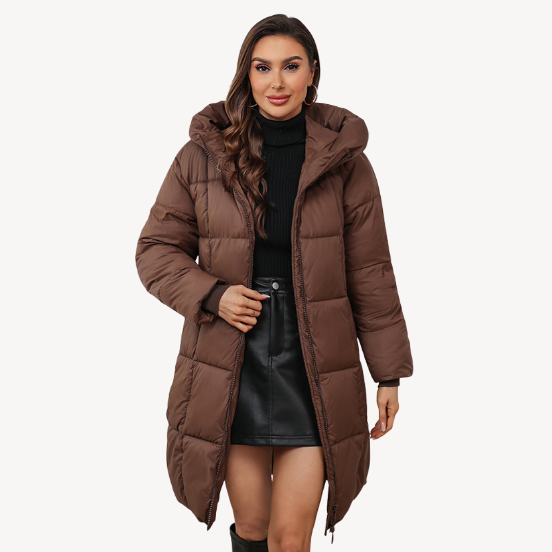 Women's Hooded Puffer Coat Box-Quilted Full-Zip Longline Fitted Warm