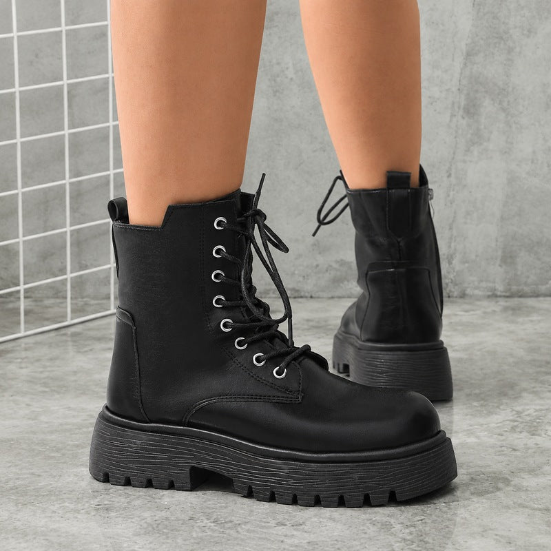 Women's Faux Leather Combat Boots Lace-Up Side-Zip Platform Lug-Sole Black