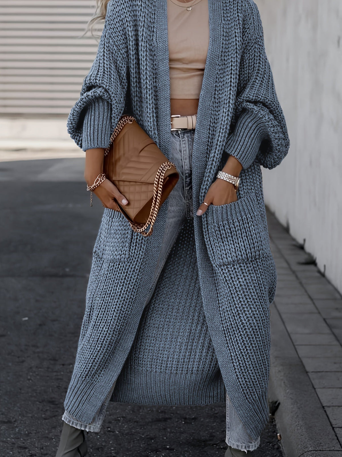Women's Wool Knit Longline Cardigan Open-Front Chunky Patch-Pocket Maxi