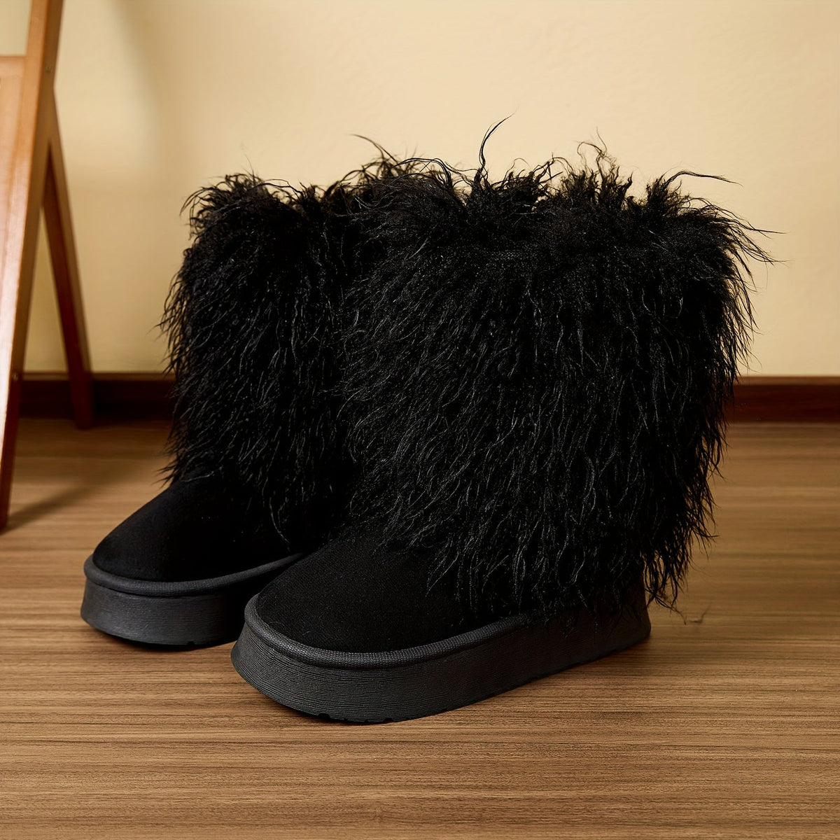Women's Shaggy Faux Fur Boots Mid-Calf Platform Winter Warm Plush Slip-On