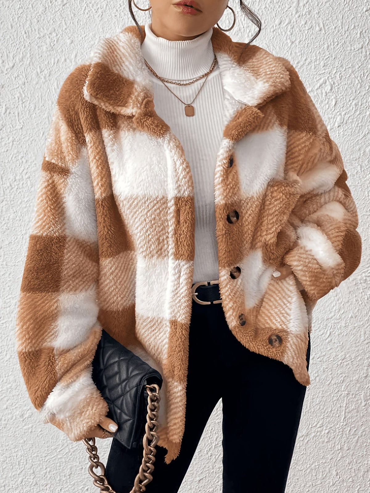 Women's Plaid Plush Shacket Button-Front Collared Teddy Fleece Oversized Warm