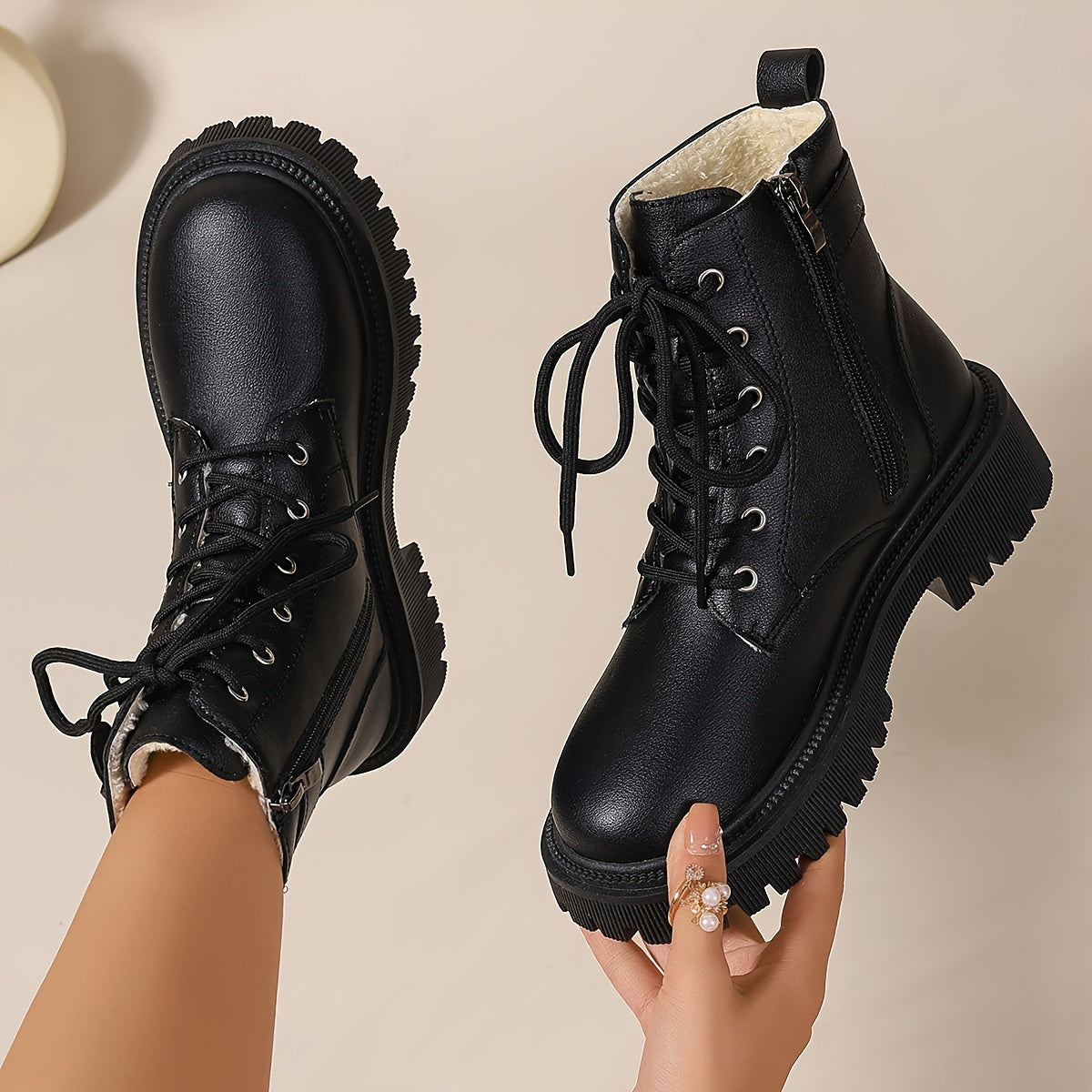 Women's Combat Boots Lace-Up Side-Zip Platform Fur-Lined Ankle Black