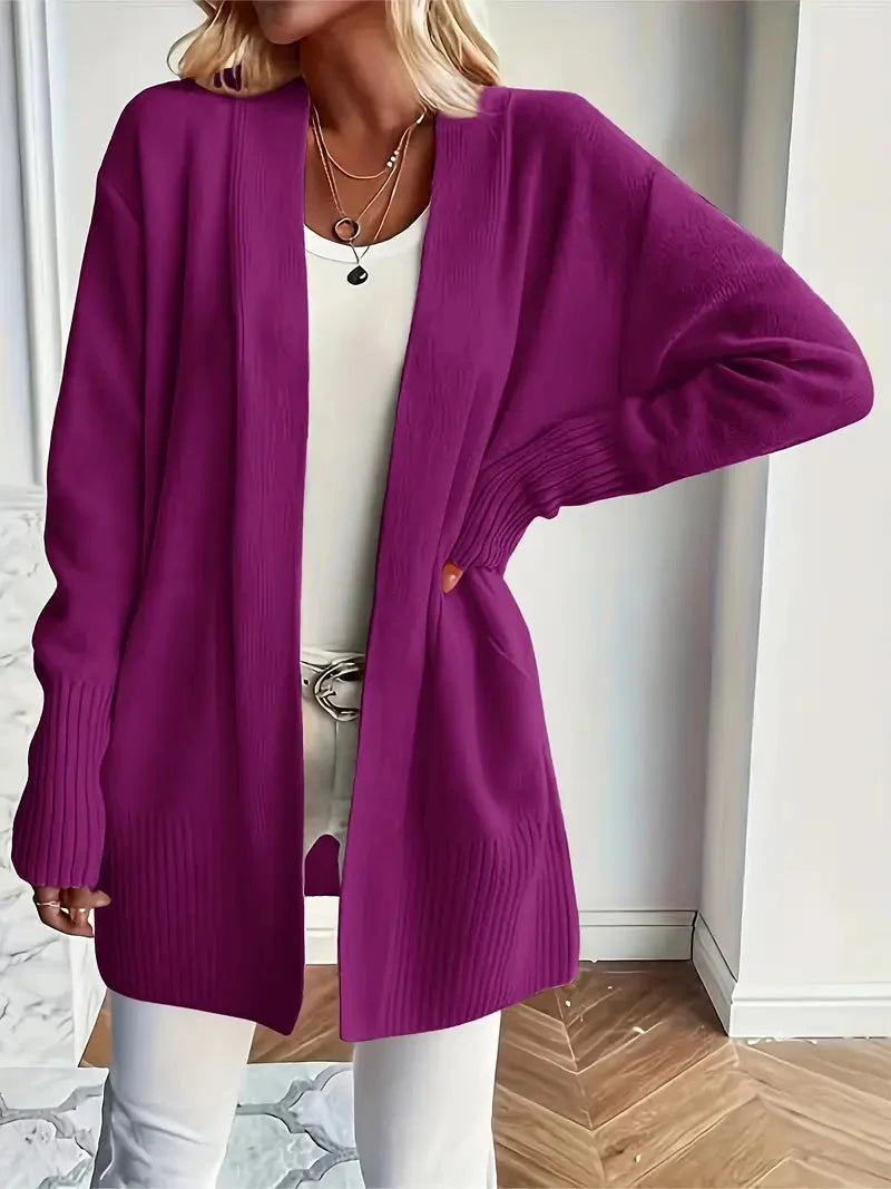 Women's Open-Front Knit Cardigan Ribbed-Trim Longline Drop-Shoulder Pockets Relaxed