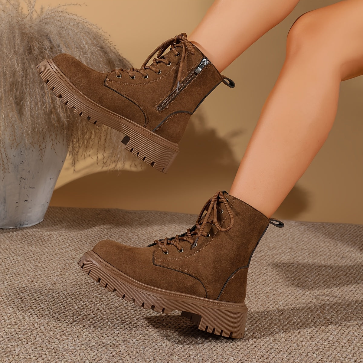 Women's Suede Combat Ankle Boots Lace-Up Side-Zip Platform Lug-Sole Brown