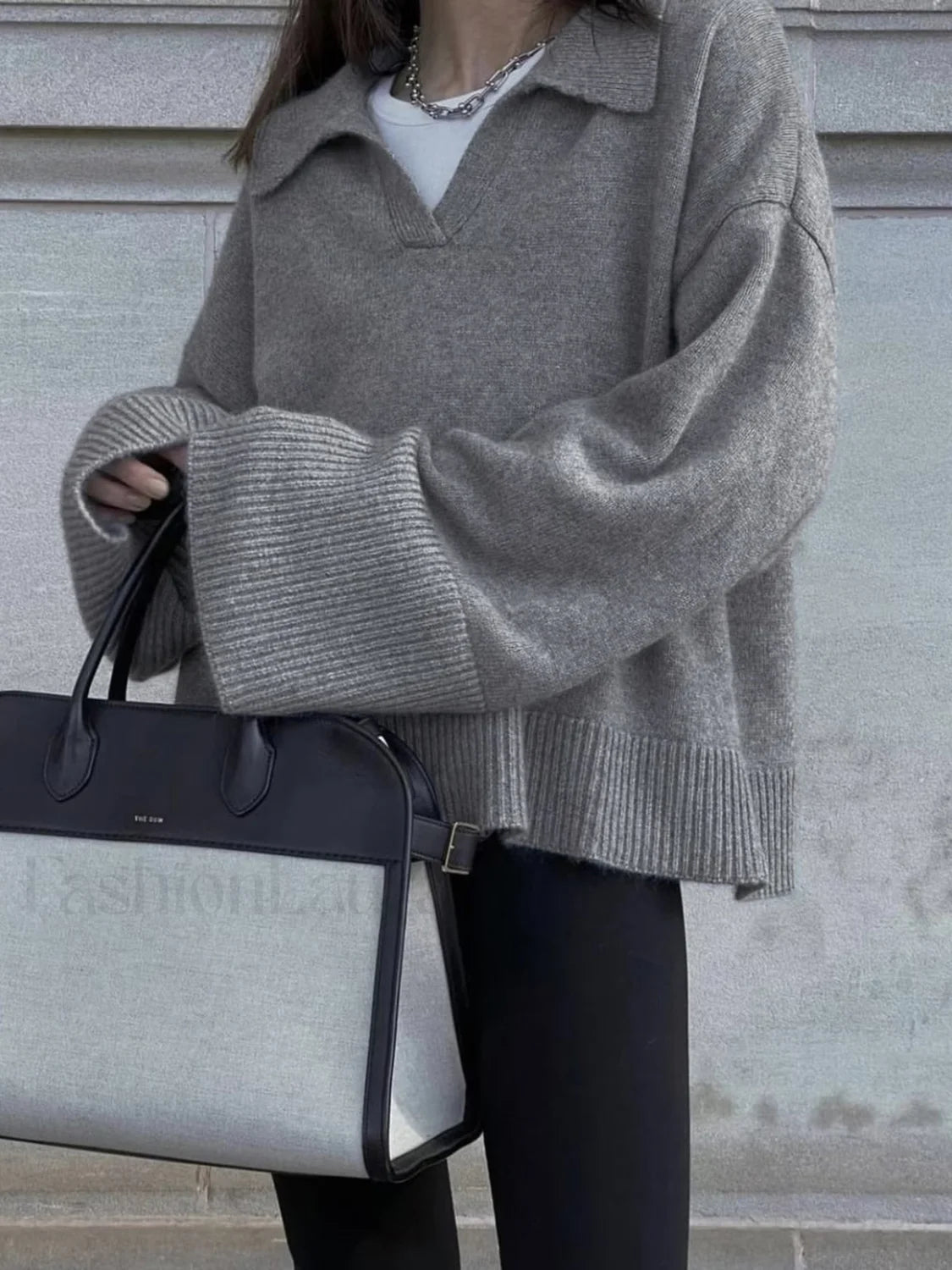 Women's Grey Polo Collar Knit Sweater Oversized Drop-Shoulder Minimalist
