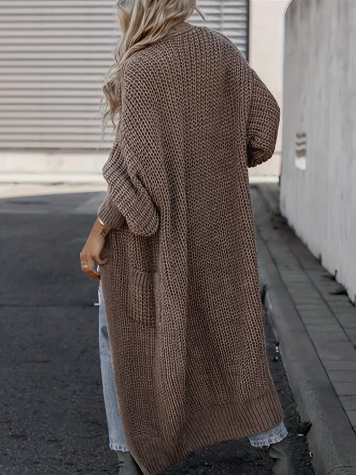 Women's Wool Knit Longline Cardigan Open-Front Chunky Patch-Pocket Maxi