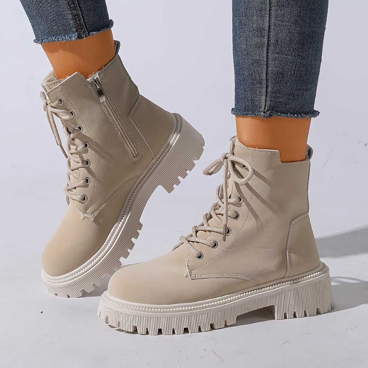 Women's Platform Combat Boots Lace-Up Side-Zip Lug-Sole Fleece-Lined Ankle
