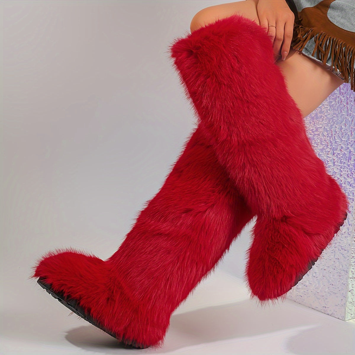 Women's Faux Fur Boots Knee-High Fluffy Tall Winter Warm Plush Slip-On