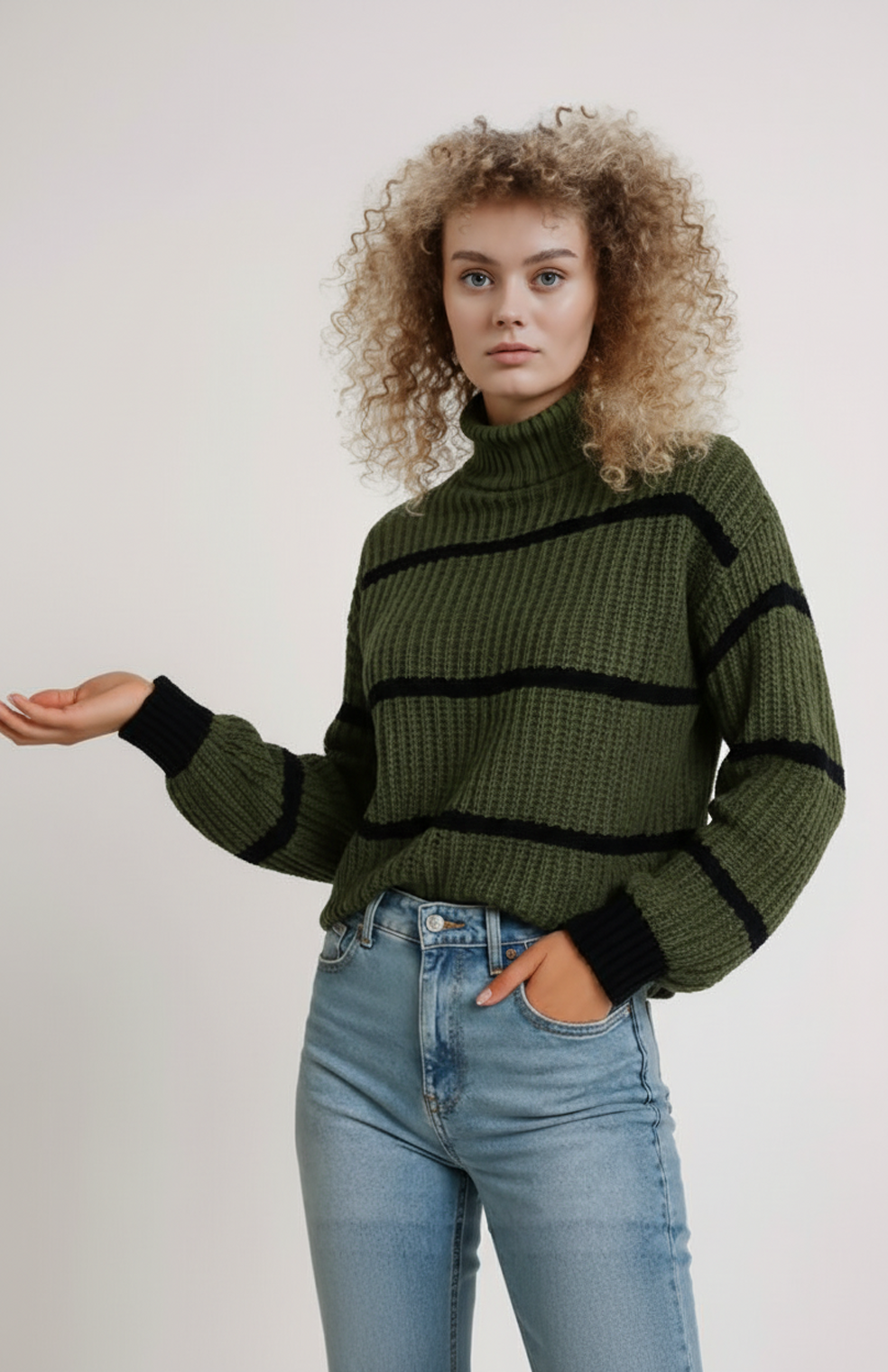 Women's Striped Mock Neck Knit Jumper Ribbed Relaxed Drop-Shoulder Pullover